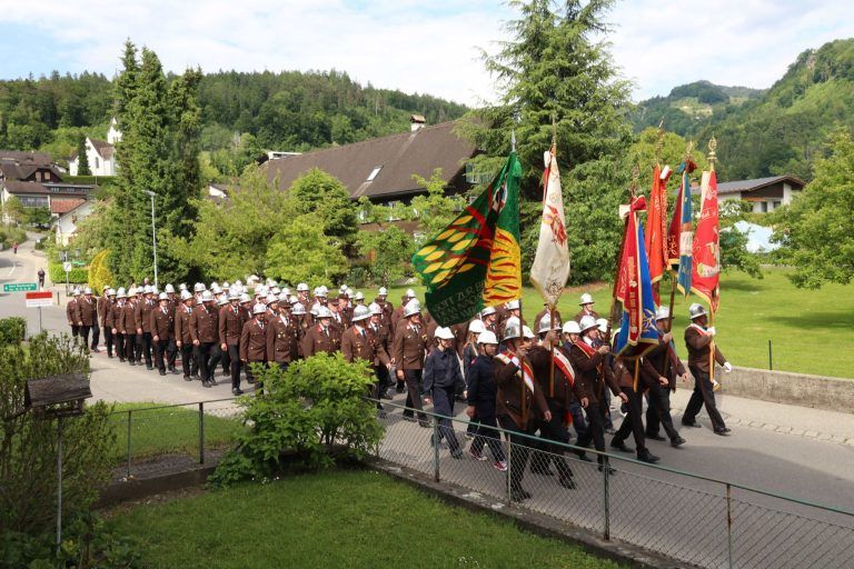 Neues Feuerwehrauto gesegnet und gefeiert: Zusammen mit Vertretern anderer Wehren gab es einen schönen Aufmarsch.