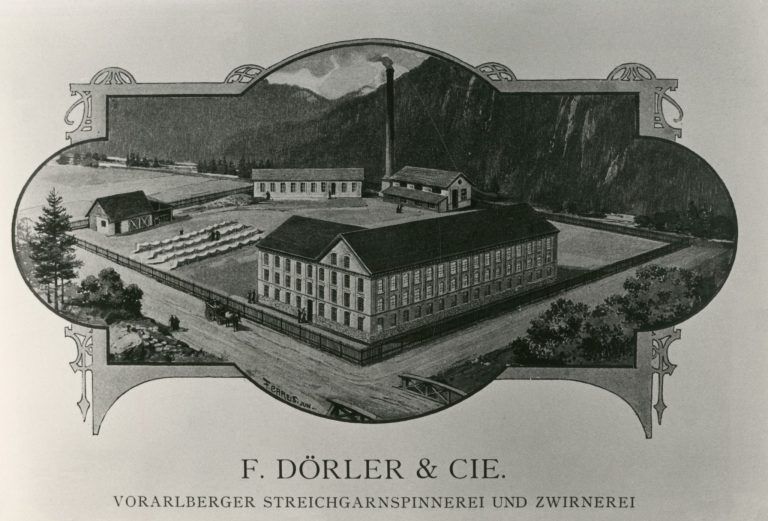 Auch in Lorüns wurde Garn gesponnen: Das Logo zeigt die ca. 60 x 20 m große Hauptgebäude mit angrenzendem Flügelbau (Foto: WA Feldkirch)