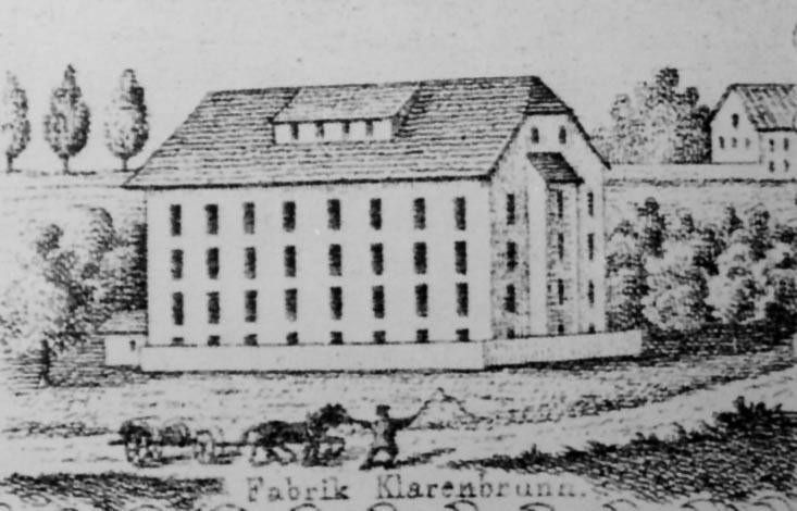 Von Alt-Klarenbrunn zum „Sündentempel“: Stich der Fabrik "Alt-Klarenbrunn" am Brunnenbach aus dem 19. Jahrhundert