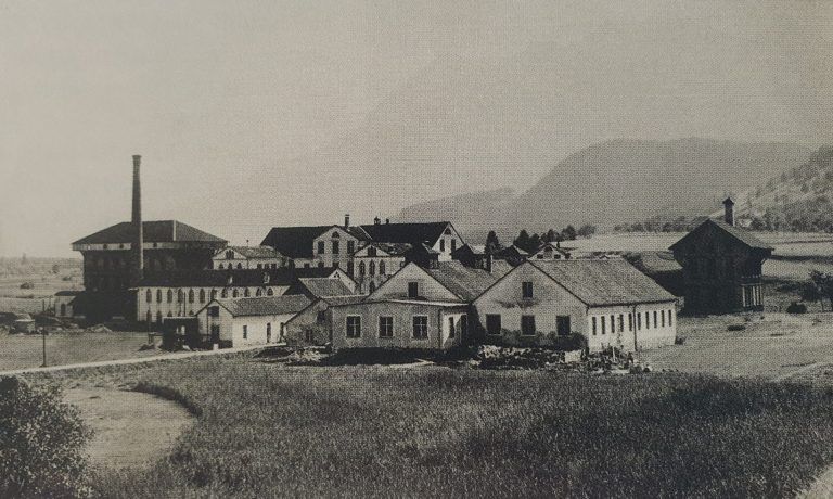 Die leerstehende ehemalige Ganahl Bleiche und Färberei kurz vor der Wiederbelebung des Areals als Vorarlberger Papierfabrik GmbH, 1911. Foto: Firmenarchiv Rondo Ganahl