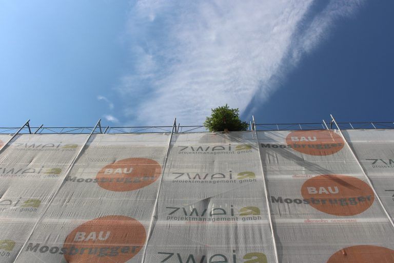 Vom Raiba-Projekt grüßt der Firstbaum : Hoch über der Rheinstraße symbolisiert der Firstbaum den Abschluss eine wichtigen Bauetappe.