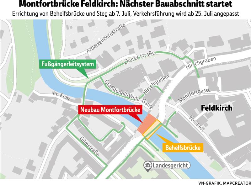 Achtung, Baustelle: Behelfsbrücke ersetzt in Feldkirch bald die Montfortbrücke