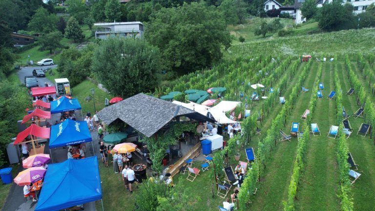 Messe, Musik und Genuss im Klauser Rebgarten: Blick auf das Geschehen von oben.