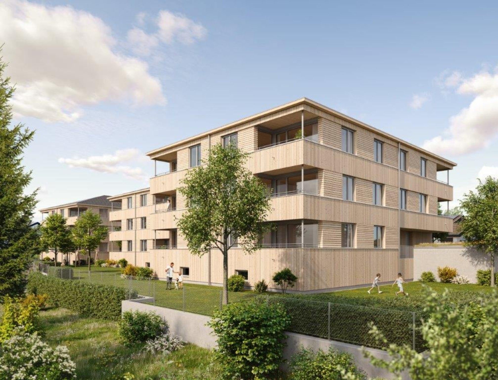 So wie auf dieser Visualisierung wird sich die neue Wohnanlage im Hohenweiler Zentrum in etwa zwei Jahren präsentieren.   