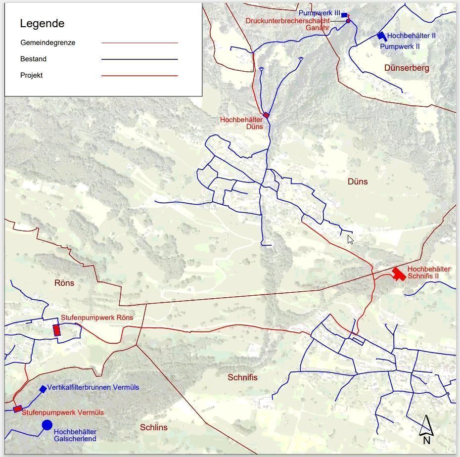 Grafik mit eingezeichnetem neuen Standort des neuen Hochbehälters Schnifis II.