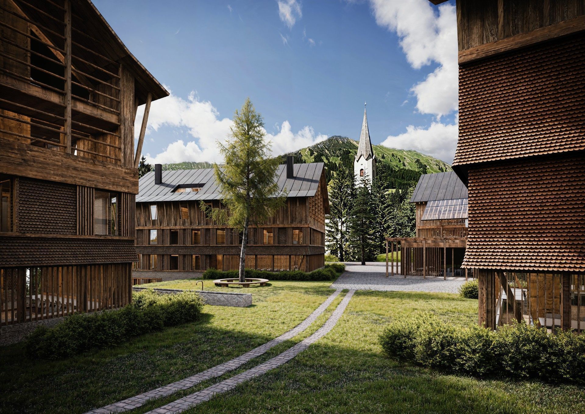 Im Zentrum des „Resort Arlberg Heimboden in Schröcken“ sind u. a. auch ein Restaurant und ein Dorfplatz vorgesehen. VISUALISIERUNG MATTEO THUN   