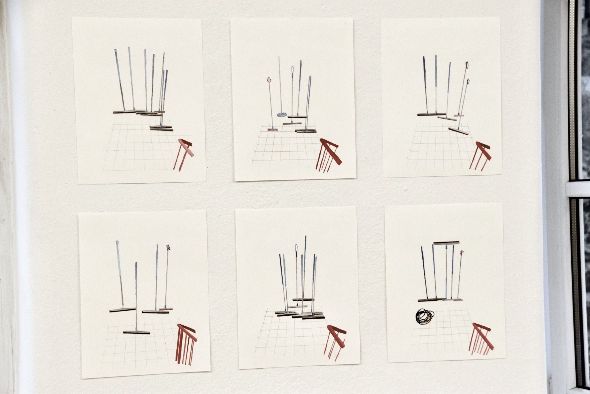 Klara Paterok: „Die Wasserschieber im System (Nova Stoba)“, 2024-25, sechsteilig Aquarellfarbe und Buntstift auf Papier.