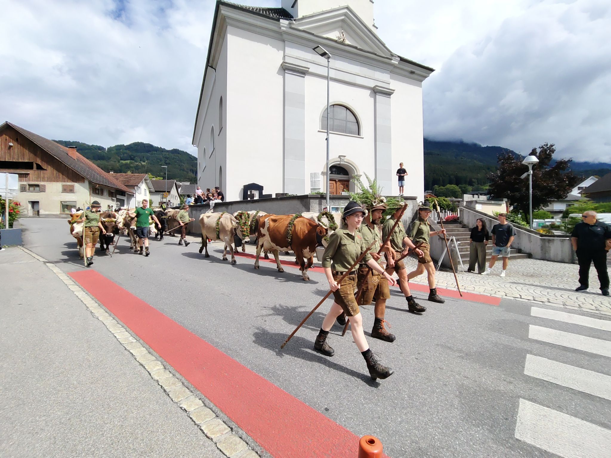 Bunt geschmückt marschierte das Alpvieh von der Gulmalpe ins Tal nach Satteins.