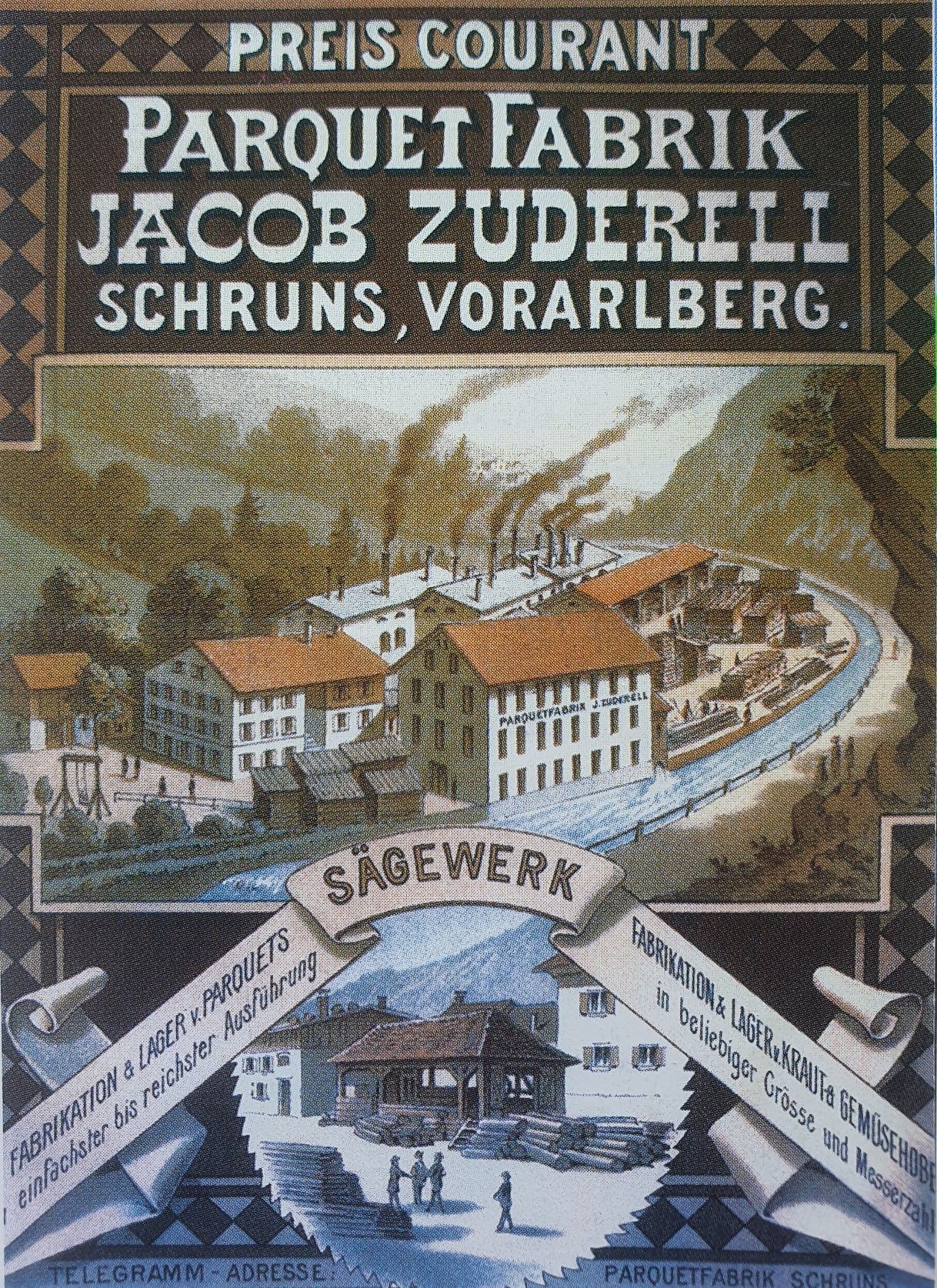 Die Krauthobelfabrik auf einem historischen Werbeplakat um 1900. Foto: Montafon-Archiv, Schruns