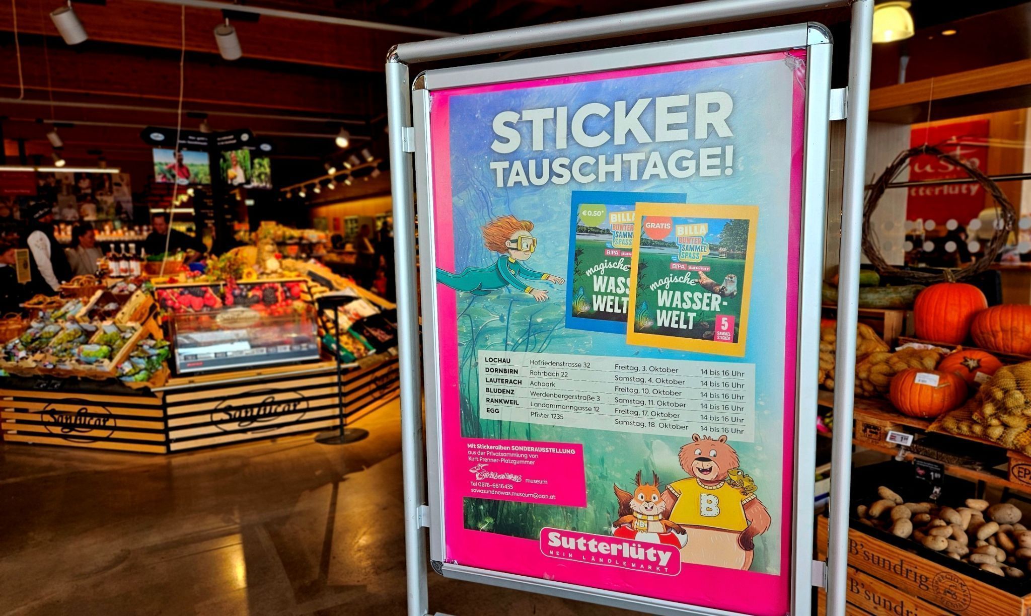 Einladung zur Stickeralbum-Tauschbörse mit Kurt Prenner fürs neue Sutterlüty-Album „Magische Wasserwelt“.