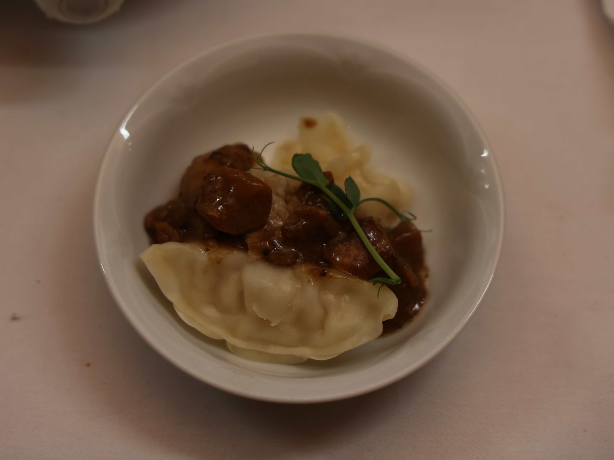 Gyozo von der Schweinebacke und Steinpilzragout.