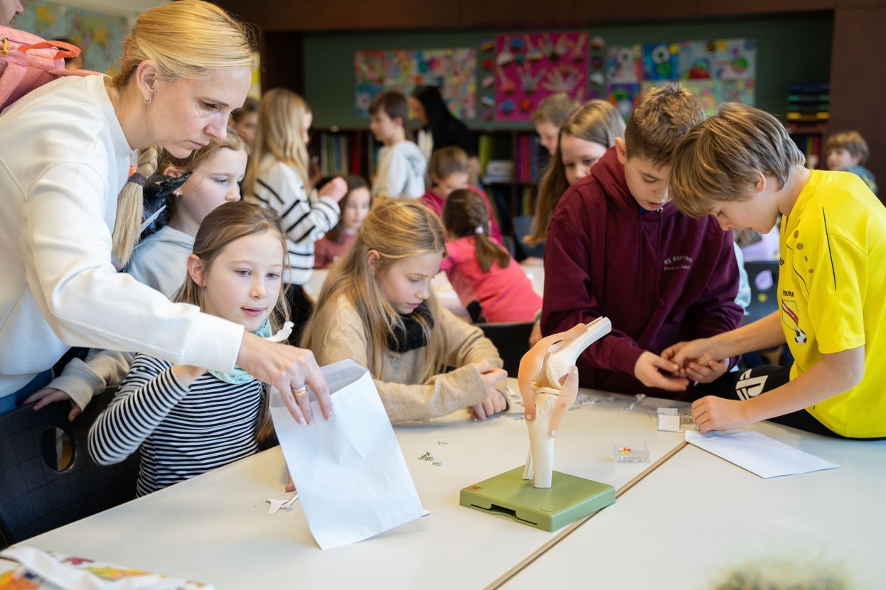 Anschauungsunterricht Biologie mit menschlichem Skelett