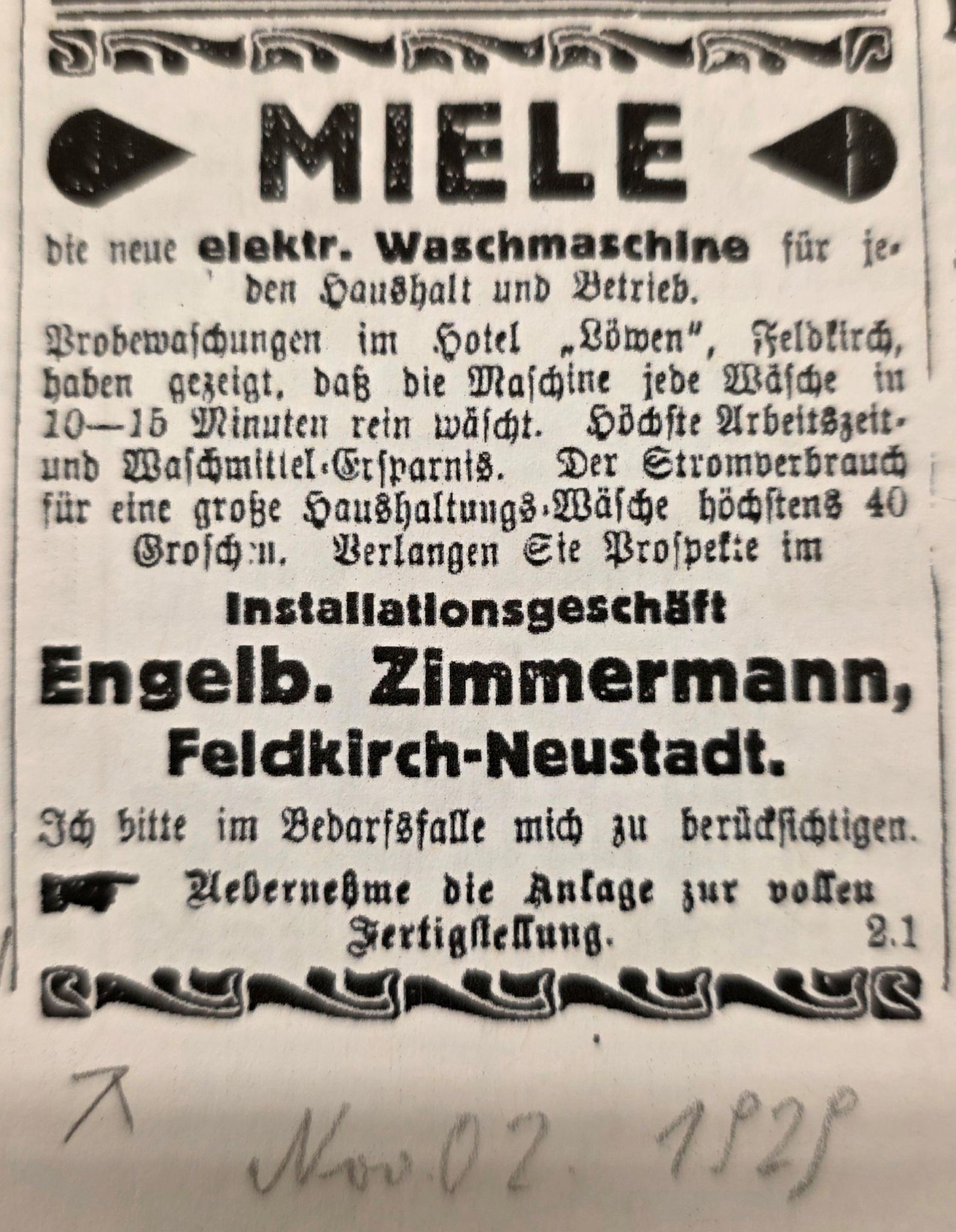Eine Werbung für eine Waschmaschine aus 1929, die in der Regionalzeitung gedruckt wurde.