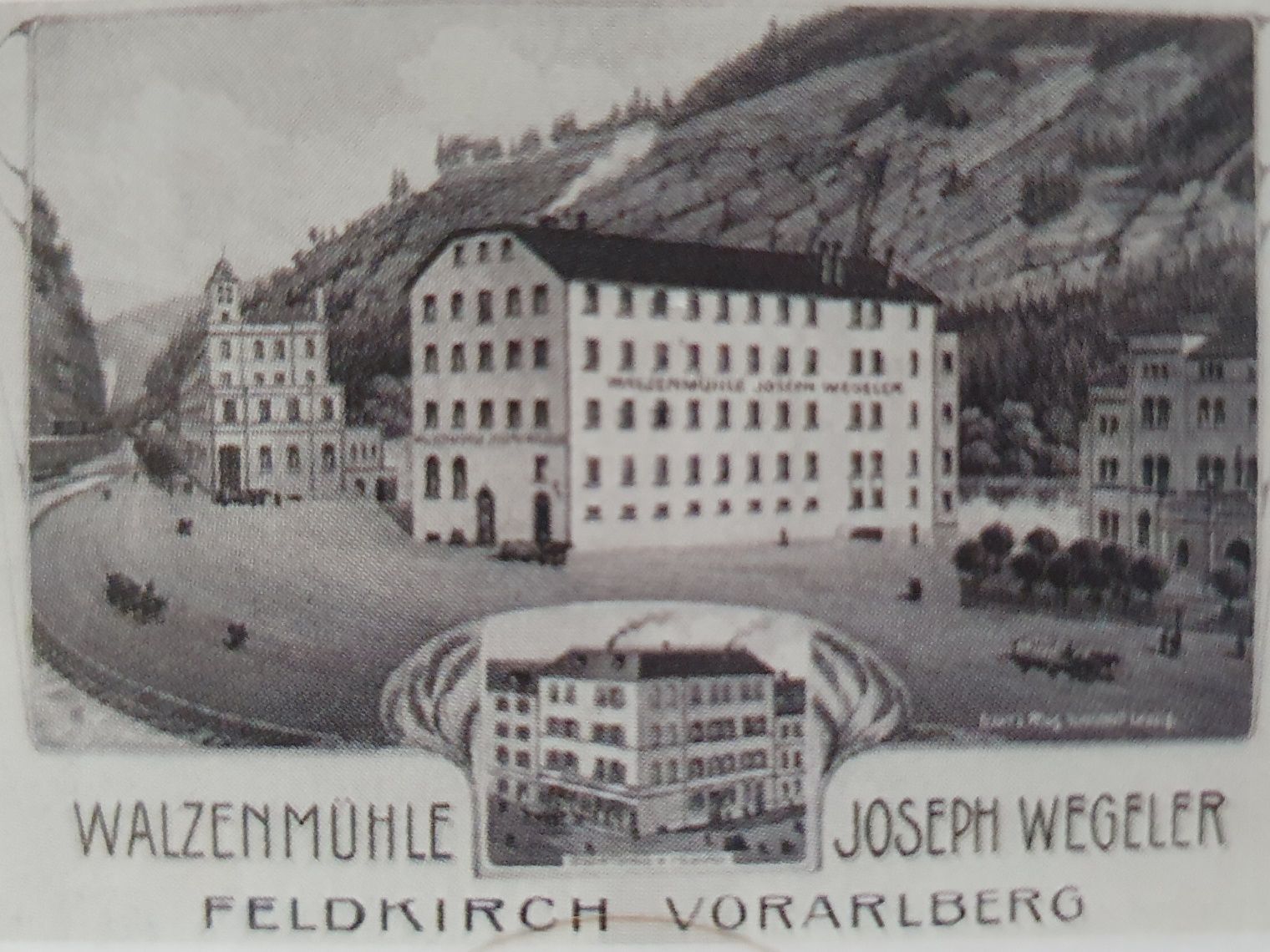 Walzenmühle Wegele, später Teil des Ganahl-Betriebsareals um 1890. Foto: Feldkircher Stadtarchiv