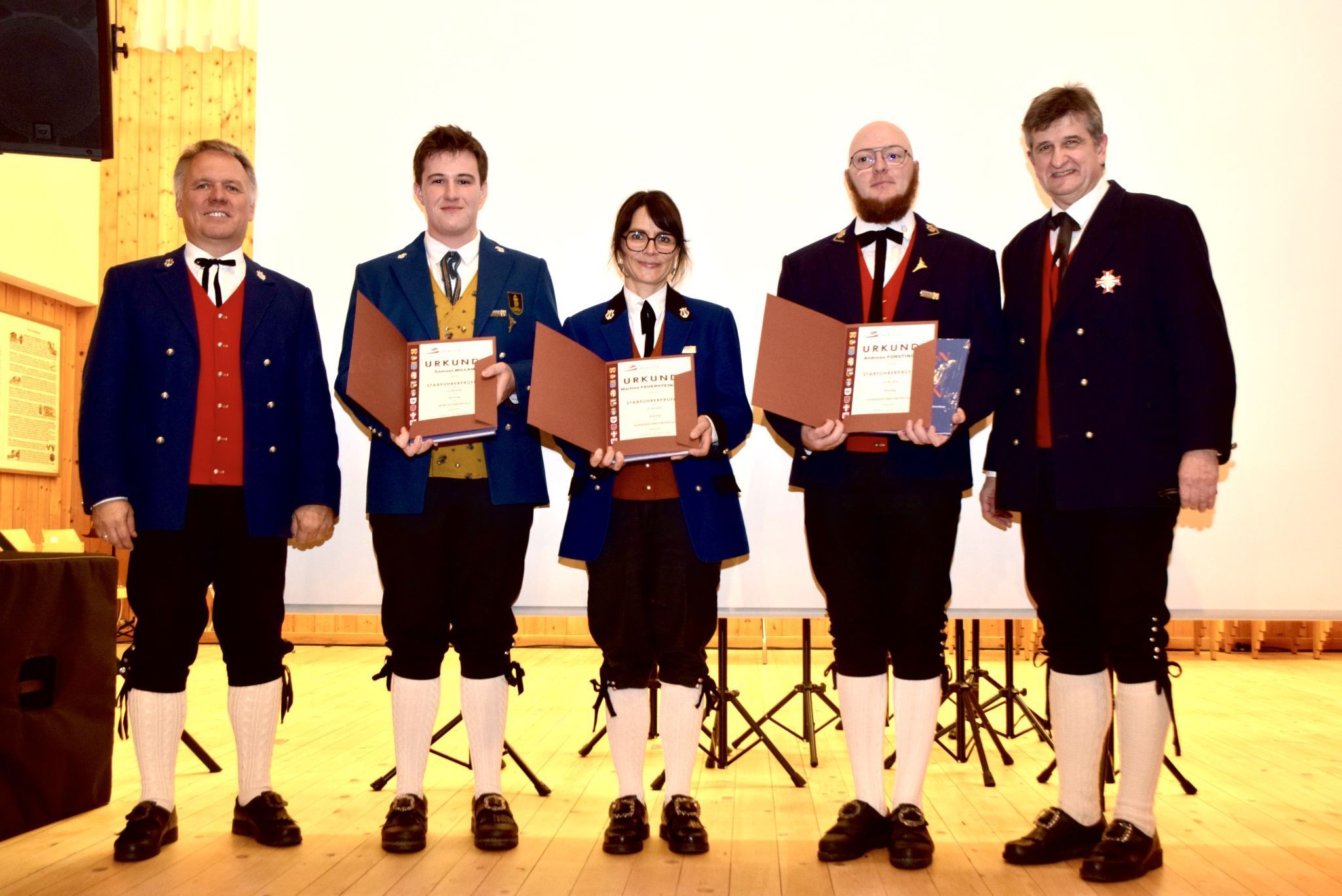 Landesobmann Thomas Rudigier, Samuel Willam, Martina Feuerstein-Fink, Andreas Forstinger, Landesstabführer und Bundesstabführer DI Erik Brugger (von links nach rechts).