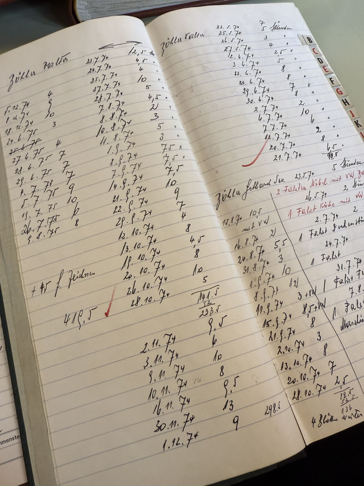 Auflistung der Arbeitsstunden im Vereinsbuch