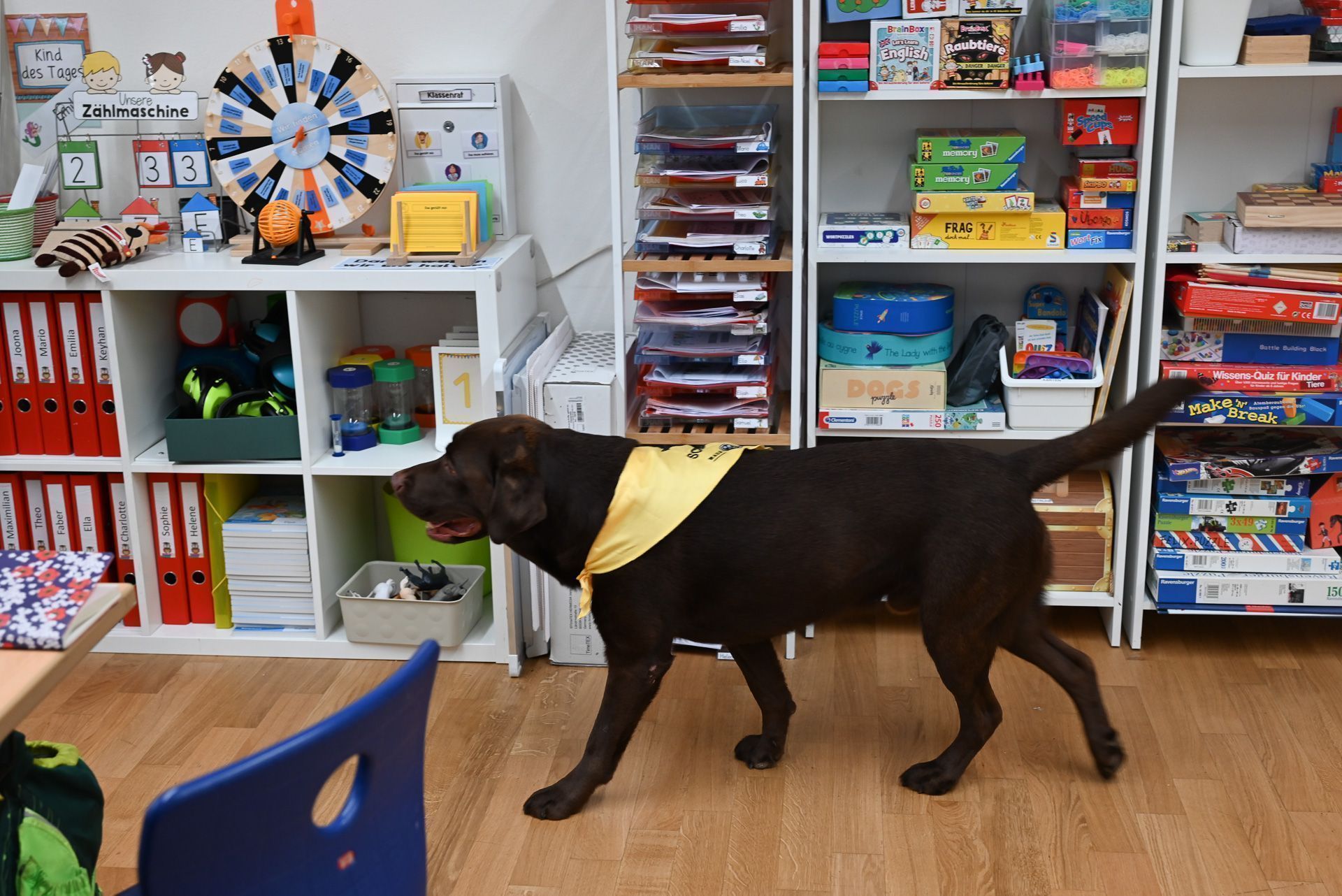 Oft geht er ganz unauffällig durch die Schulbänke und bleibt bei jenen Kindern stehen, die ihn gerne kuscheln wollen.