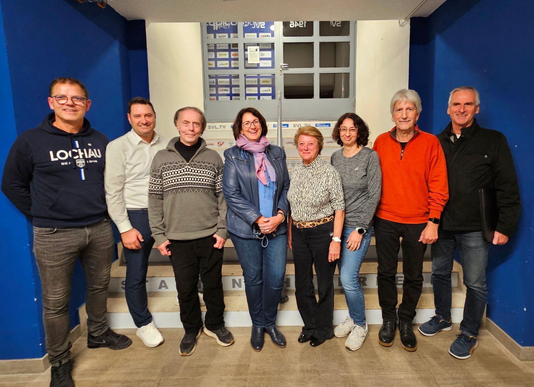 Im Mittelpunkt standen die Berichte der acht Mitgliedsvereine: Markus Feldkircher (Fußball), Stefan Pienz (Stocksport), Paul Hehle (Tischtennis), Isabella Burgey-Meinel (Schilauf), Christl Gerhalter (Leichtathletik), Belma Ceno (Lauftreff Leiblachtal), Manfred Obexer (Frauengymnastik) und Hansjörg Steurer (Badminton), von links nach rechts.