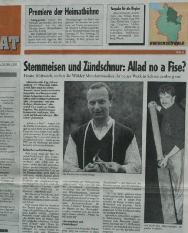 Nach einer schöpferischen Pause 1990 VN-Ankündigung für das erste Comeback: Stemmeisen & Zündschnur luden in den Schwarzenberger Hirschen, der so überfüllt war, dass die Fans Saalfenster aushängten und im Gastgarten stuhlten.