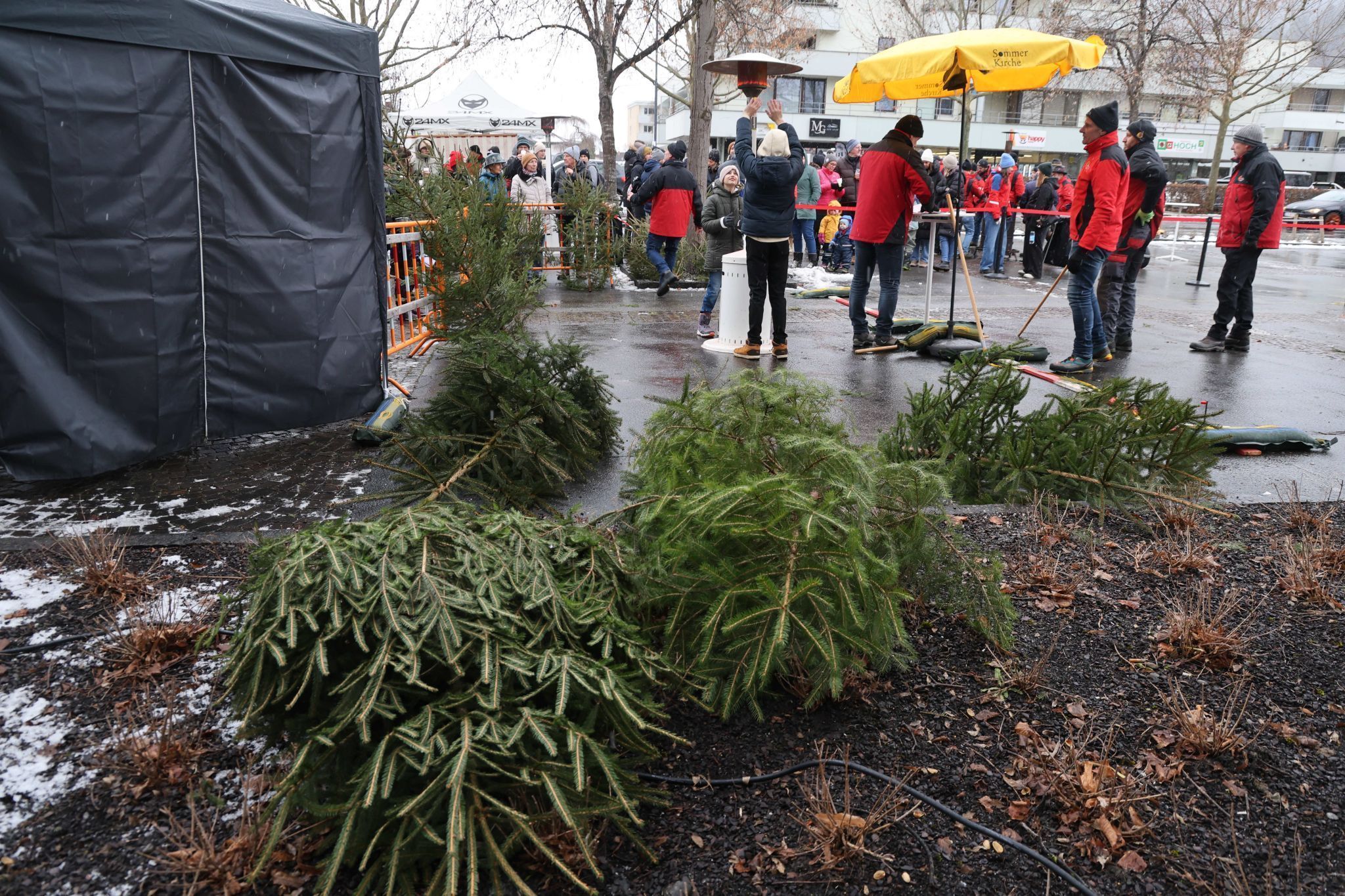 Ausgediente Christbäume dienten als Deko und Wettkampfgeräte.