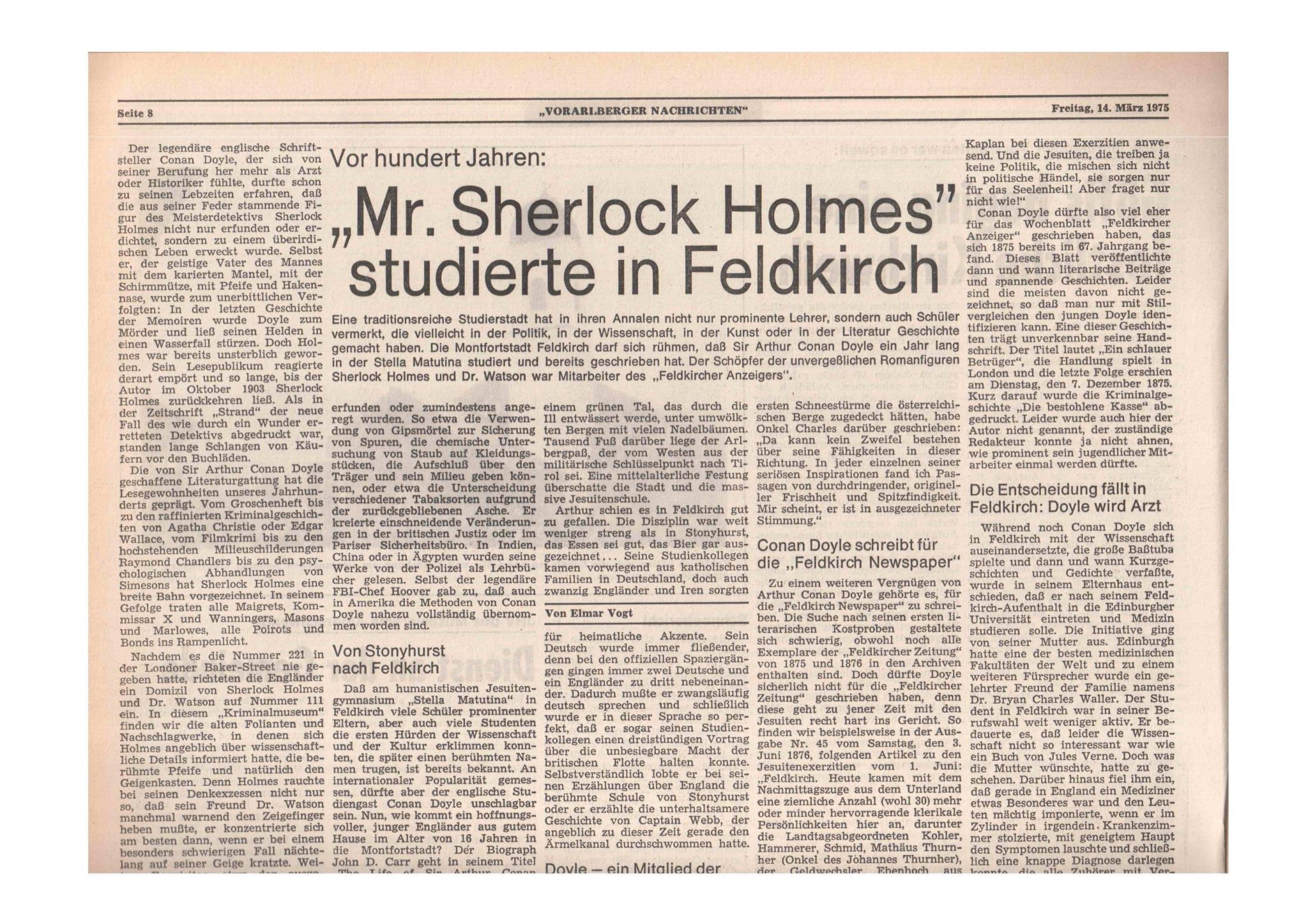 Auch die VN berichteten am 14. März 1975, dass Arthur Conan Doyle für den Feldkircher Anzeiger schrieb. (Foto: Faksimile VN) (Bildergalerie)