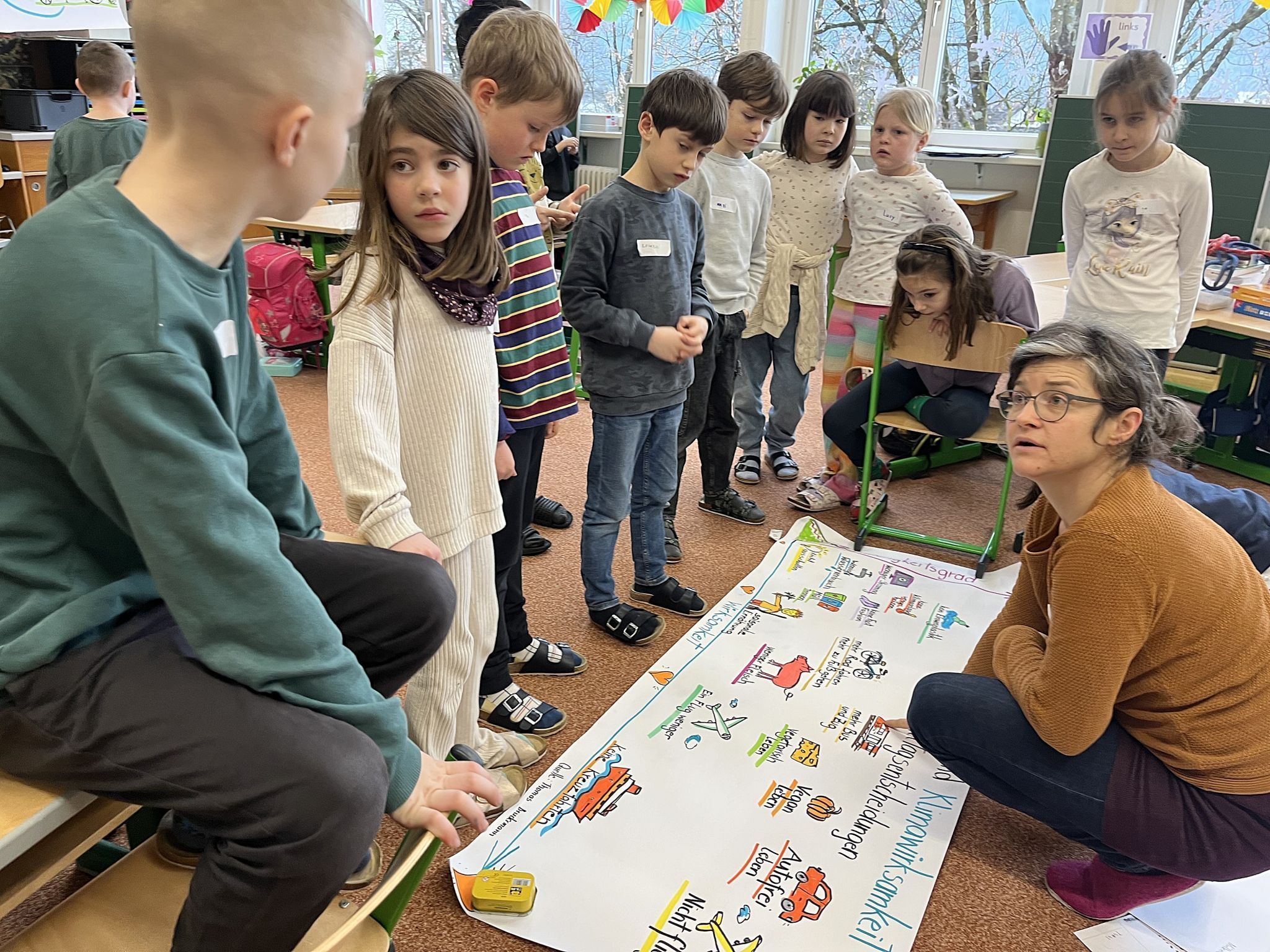 Lucia Emerich-Rüdisser besuchte für zwei Workshop-Tage die 2 a Klasse der VS Leopold, um das Plakat für die diesjährige Umweltwoche zu gestalten. 