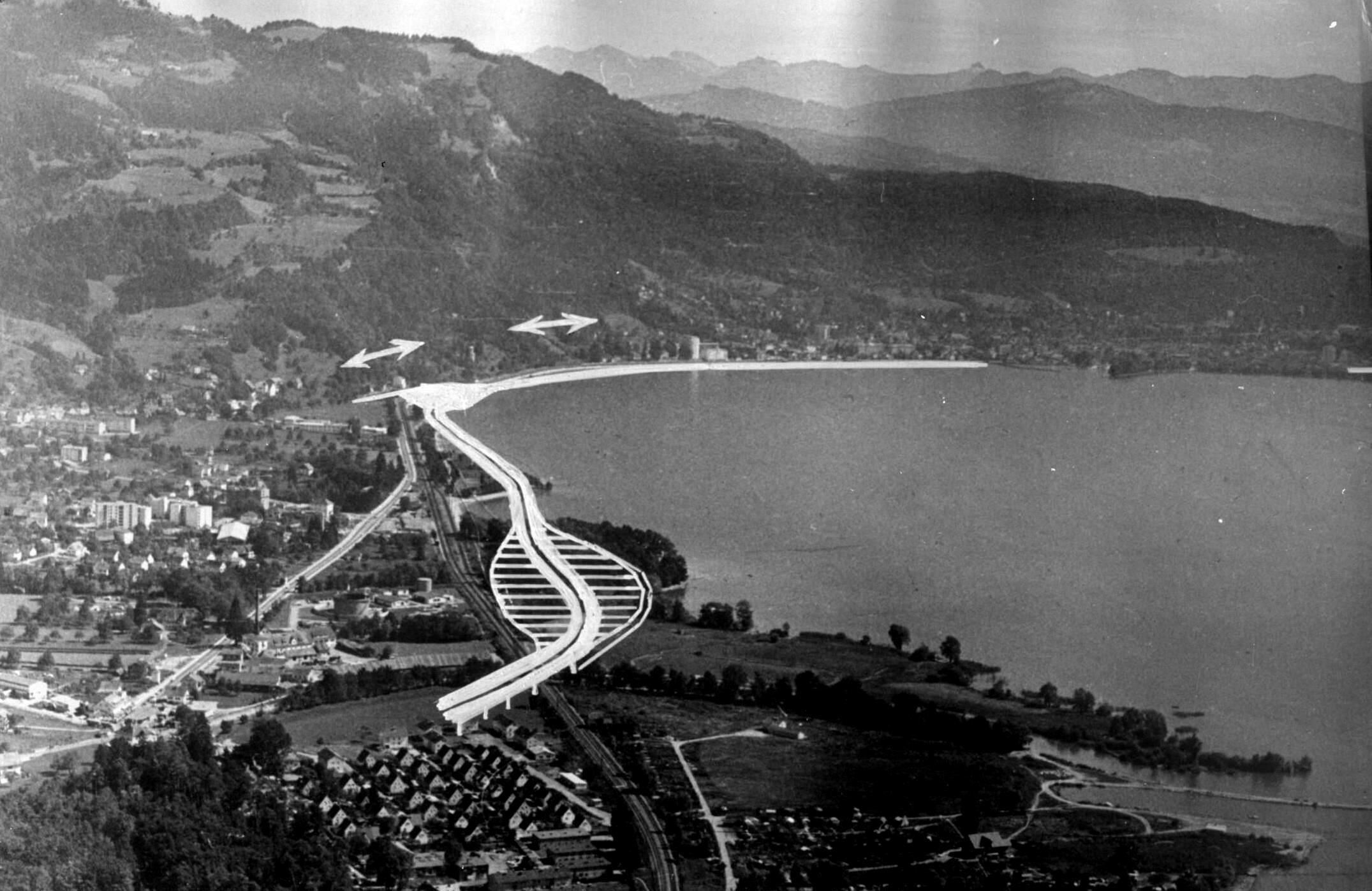 Heute unvorstellbar: Die am 20. Jänner 1969 endgültig beschlossene „Unterflurtrasse“, die von Bregenz entlang des Seeufers nach Lochau und weiter nach Deutschland führen sollte, hätte die Gemeinde Lochau vom Bodensee abgeschnitten.