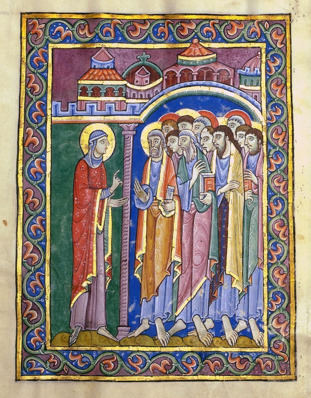 Der Albani-Psalter ist ein Hauptwerk englischer romanischer Buchmalerei. Er entstand im 12. Jahrhundert in Hertfordshire. Heute befindet er sich in der Dombibliothek Hildesheim. Eine der 40 ganzseitigen Miniaturen zeigt den Moment, als Maria Magdalena den Jüngern die Auferstehung Christi verkündet. (Albani-Psalter)