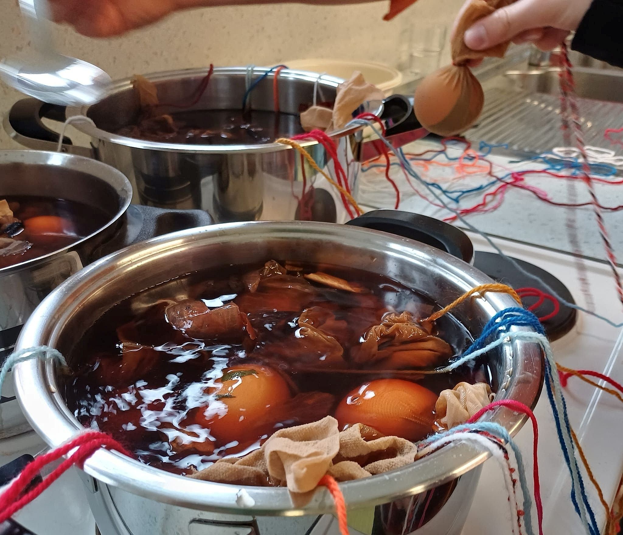 Die Kinder färbten Ostereier mit Zwiebelschalen und frischen Kräutern ganz ohne künstliche Farben.