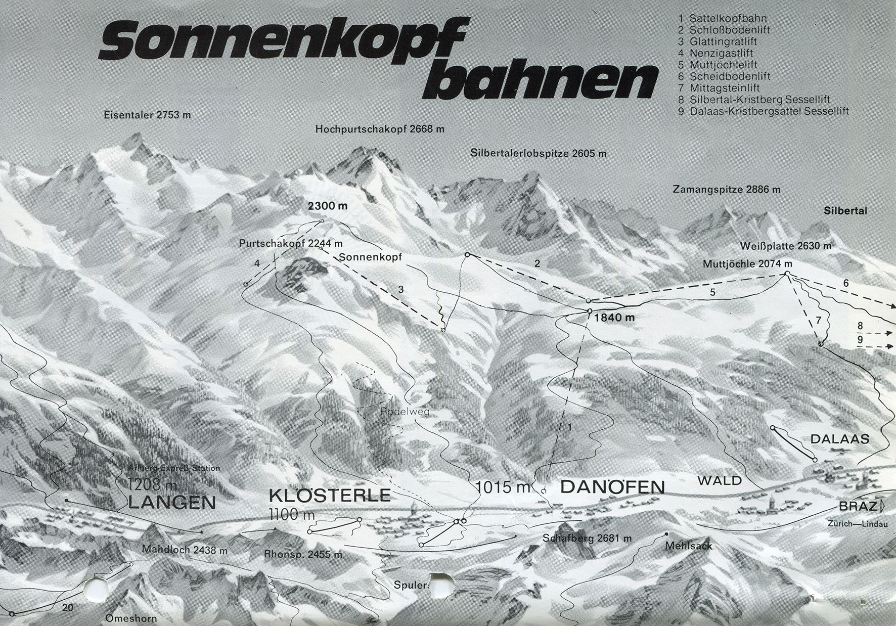 Karten des projektierten Skigebiets Sonnekopf Anfang der 1970er Jahre (Archiv Museumsverein Klostertal)