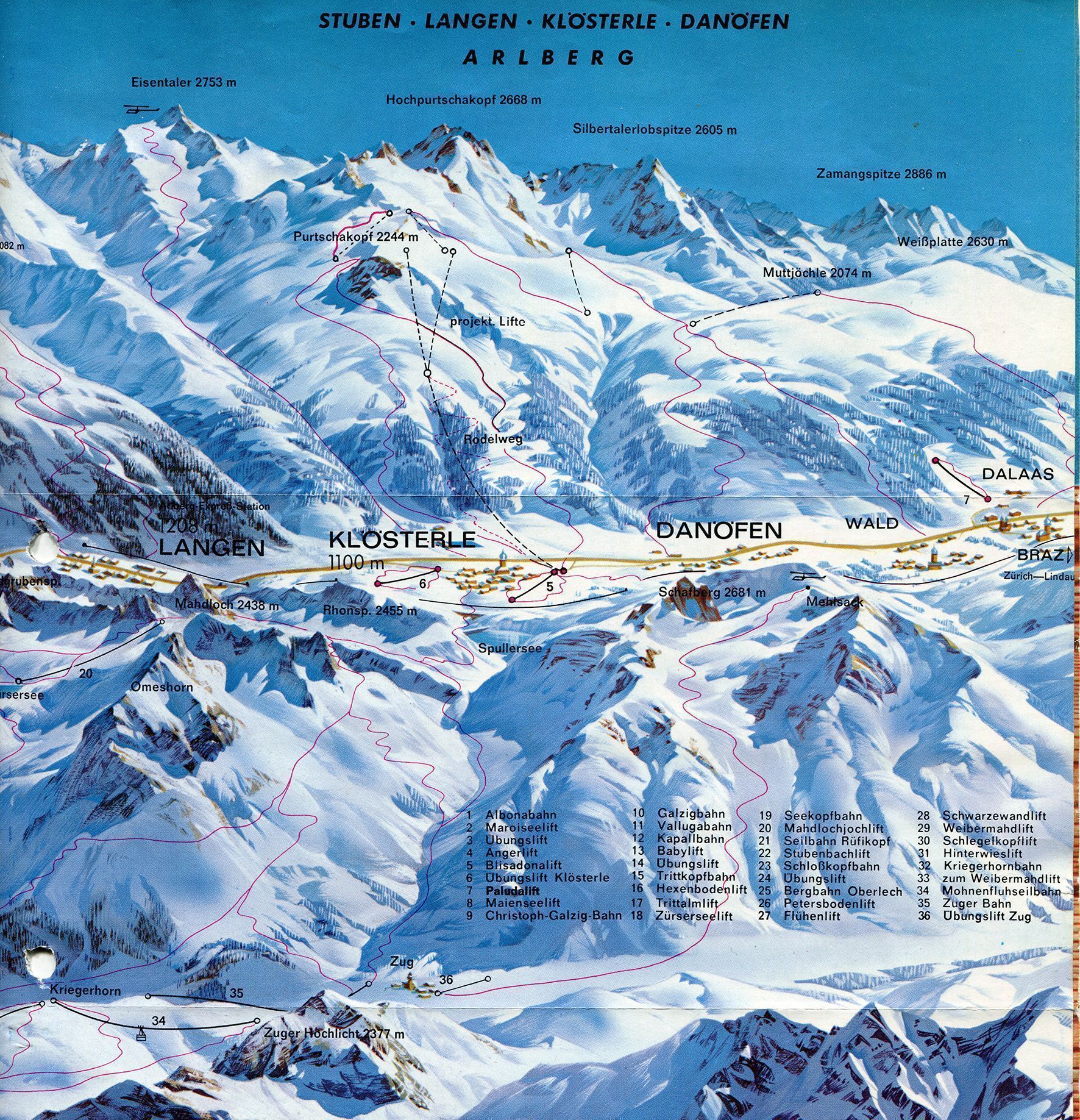 Karten des projektierten Skigebiets Sonnekopf Anfang der 1970er Jahre (Archiv Museumsverein Klostertal)