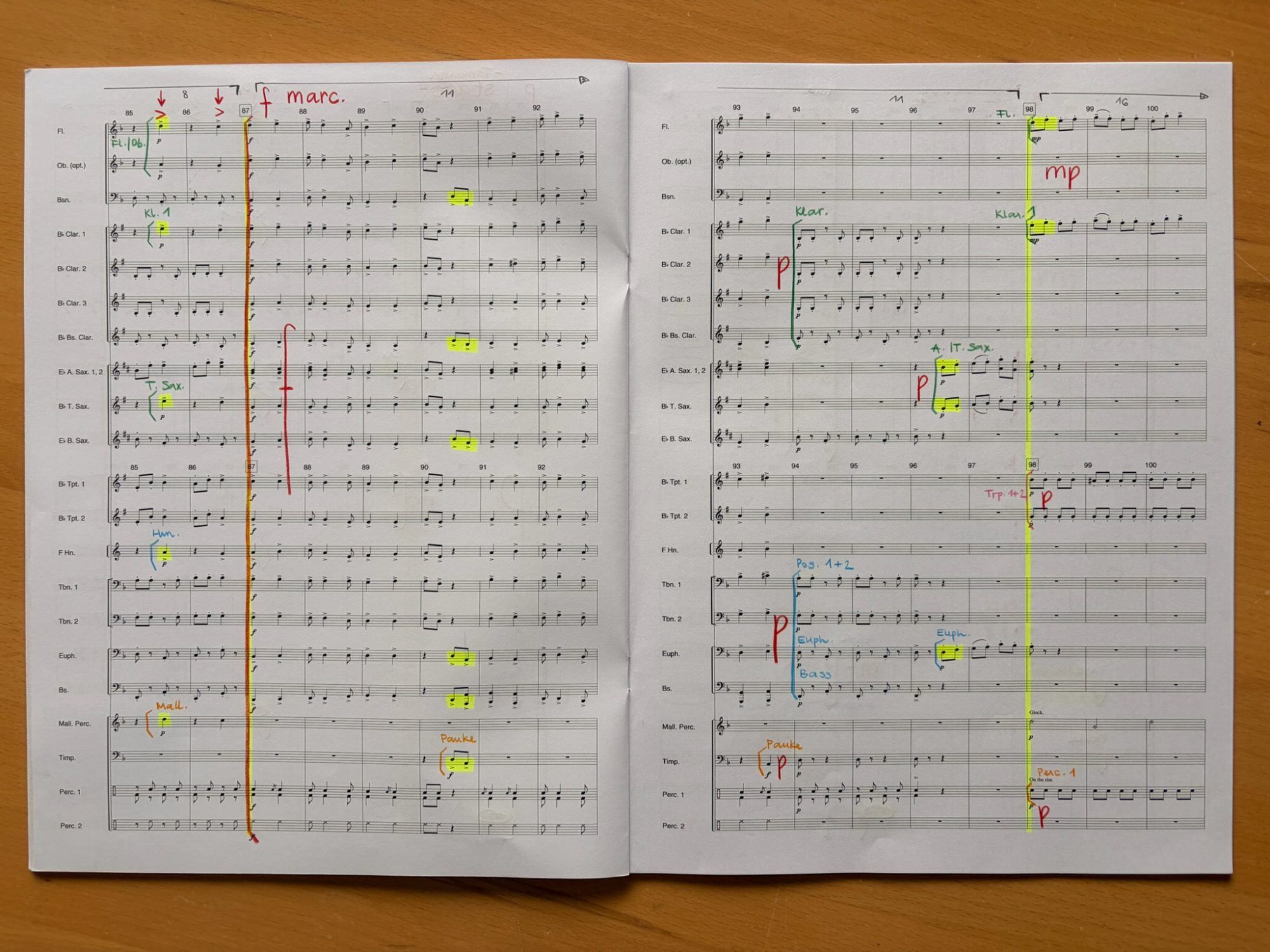 Die Partitur wird von ihr farblich markiert. So sieht sie schnell, welches Instrument besondere Einsätze hat.