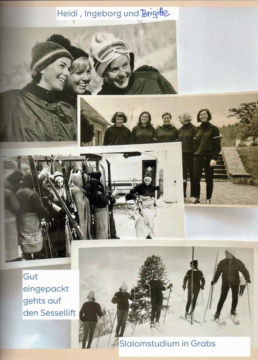 Hunderte Fotos hat Mandy für Heidis Zeitreise in Collagen zusammengefasst. Auf dieser Seite u. a. auf dem zweiten Bild von oben das Fünfmäderlhaus Erika Schinegger, Olga Pall, Traudl Hecher, Ingeborg Jochum und Heidi Zimmermann.