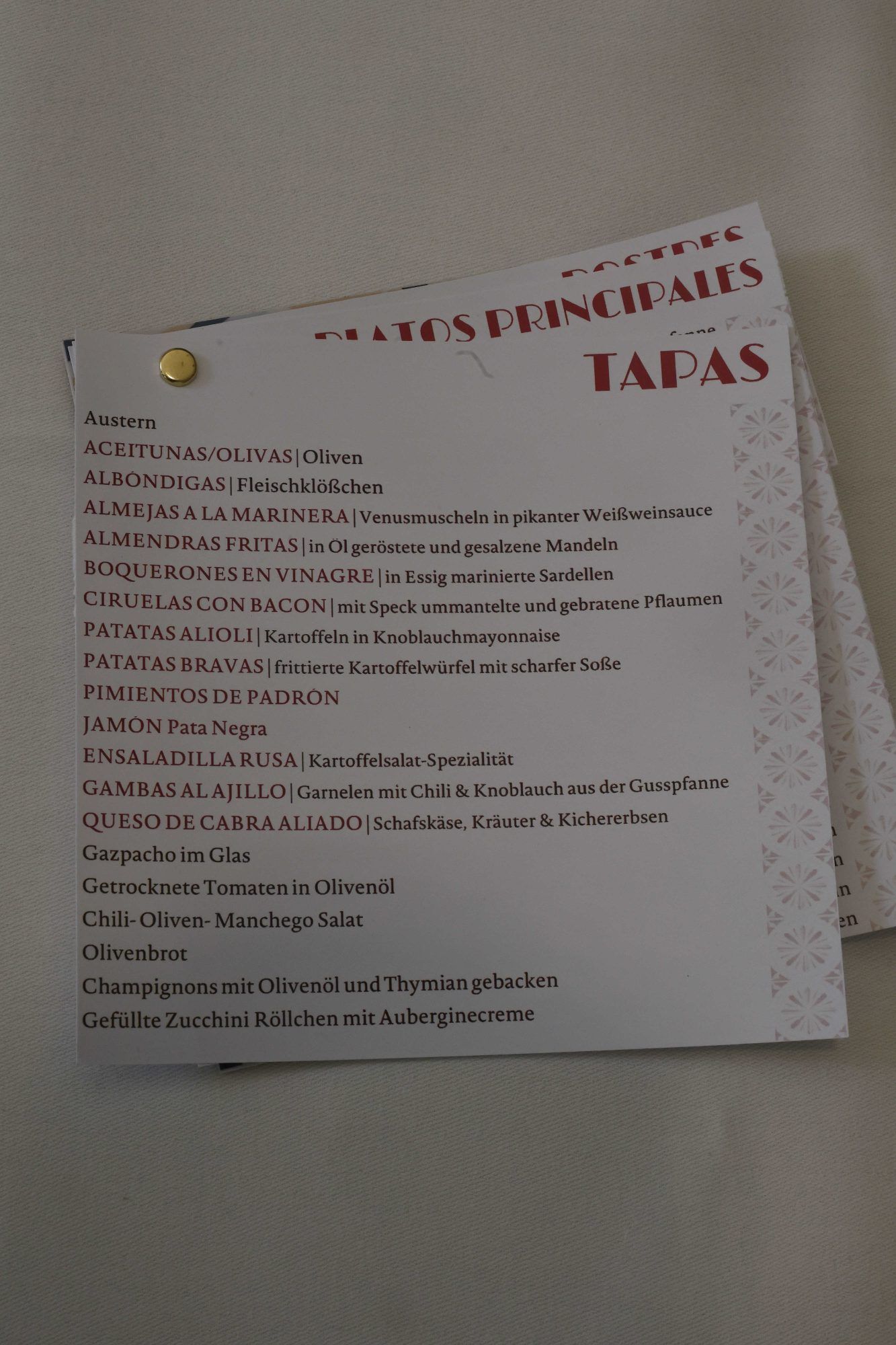Auflistung der Vorspeisen.