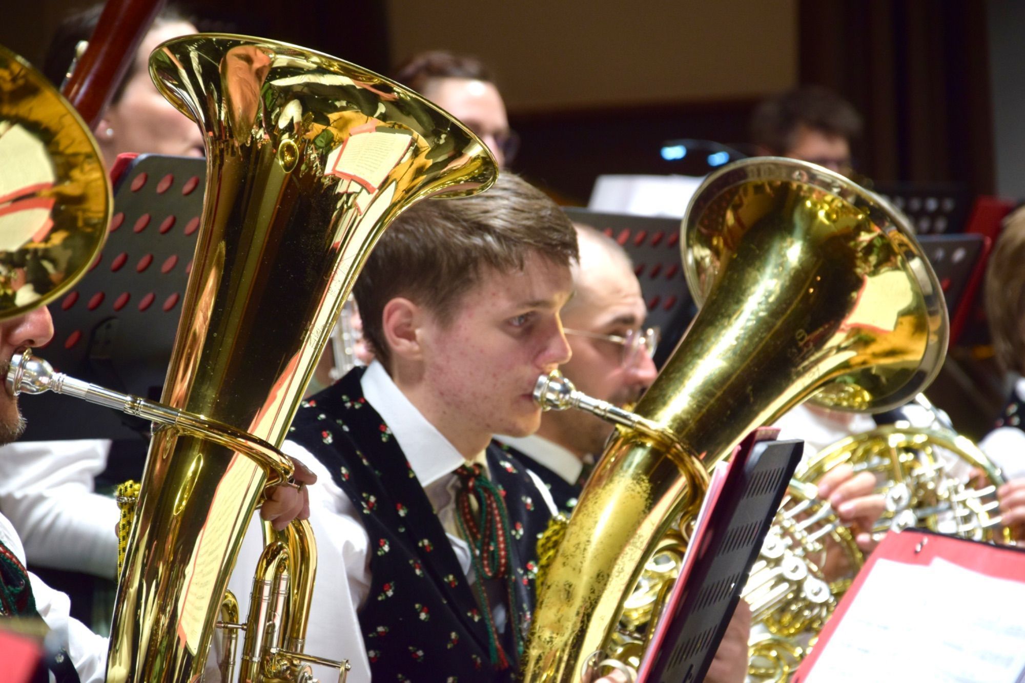 Bürgermeister Hans Peter Pfanner, Landesrat Christian Gantner, Bundesrat Christoph Thoma, Regio-Obmann Martin Burtscher und Ehrenkapellmeister Werner Walser, die Abordnung der Musikkapelle Tobadill, als Vertreter des Vorarlberger Blasmusikverbandes Bezirksobmann-Stellvertreter Walter Knapp und die Ehrenmitglieder des Vereines - Karl Burtscher, Anton Vonbank, Willi Lorünser und Bernhard Widerin.