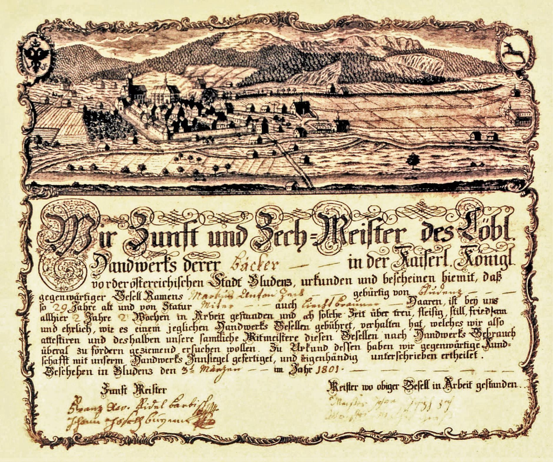 Gesellenbrief von 1801 mit einer Darstellung von Bludenz (Stadtarchiv Bludenz)