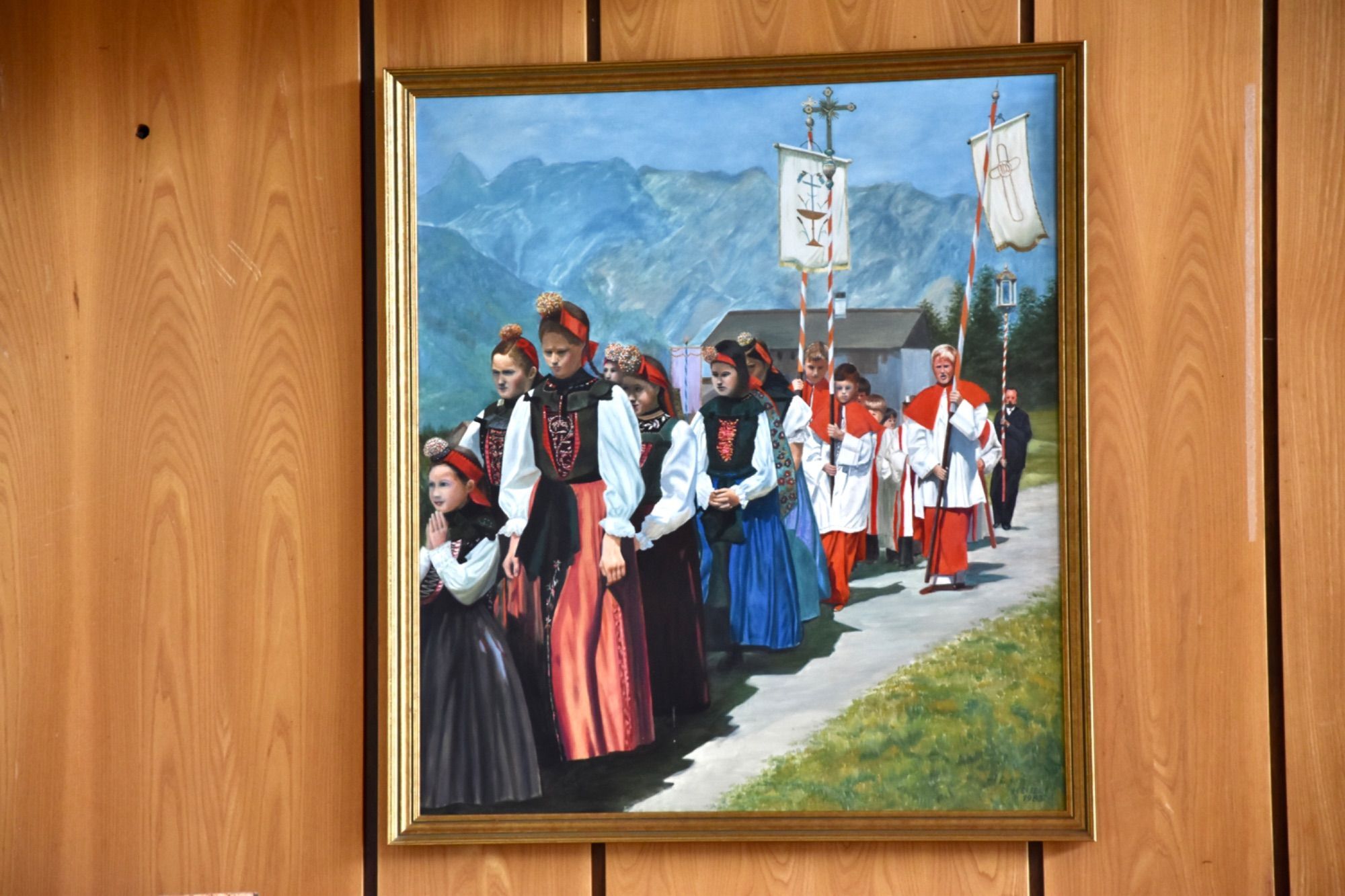 Fronleichnamsprozession am Bartholomäberg in einem jahrzehntealten Bild, Gemeindesaal