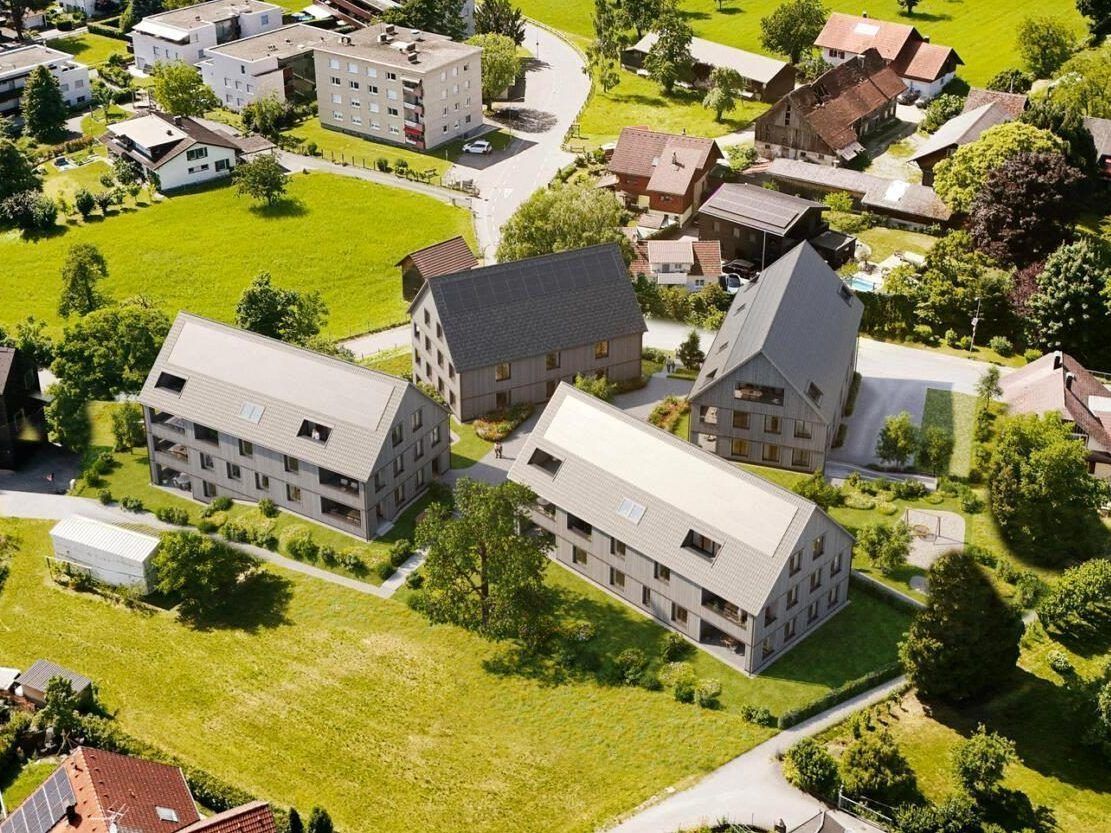 Visualisierung der neuen Wohnanlage „Wohnen am Funkenweg“ mit vier modernen Wohnhäusern, zwei Wohnhäuser mit 17 Mietwohnungen von der VLV sowie zwei Wohnhäuser mit 13 Eigentumswohnungen von Revital.