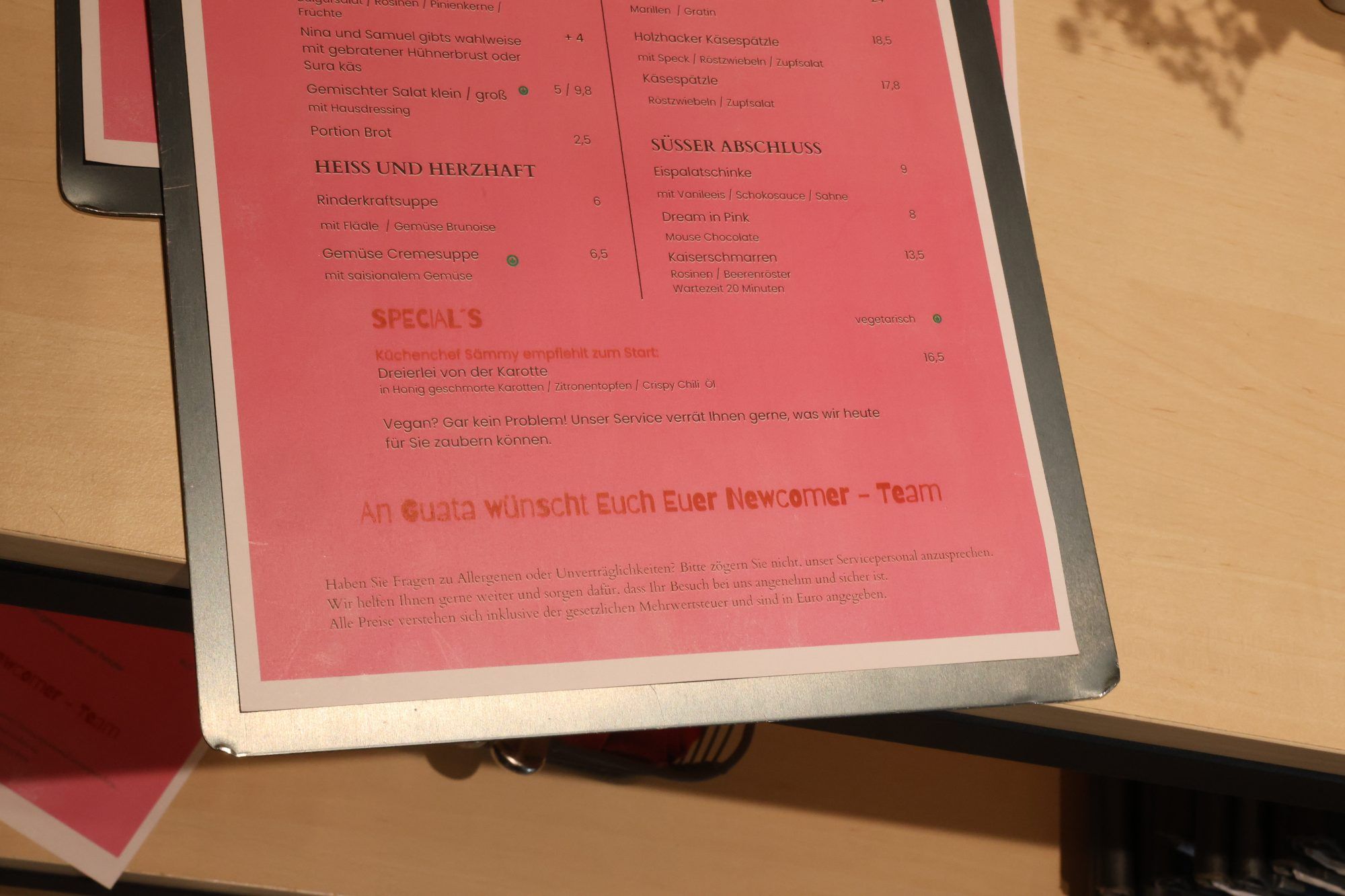 Unterer Teil der Speisekarte.