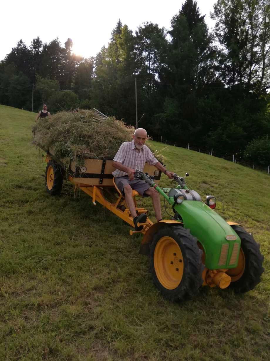 Hubert mit Heufuder im Steilhang.
