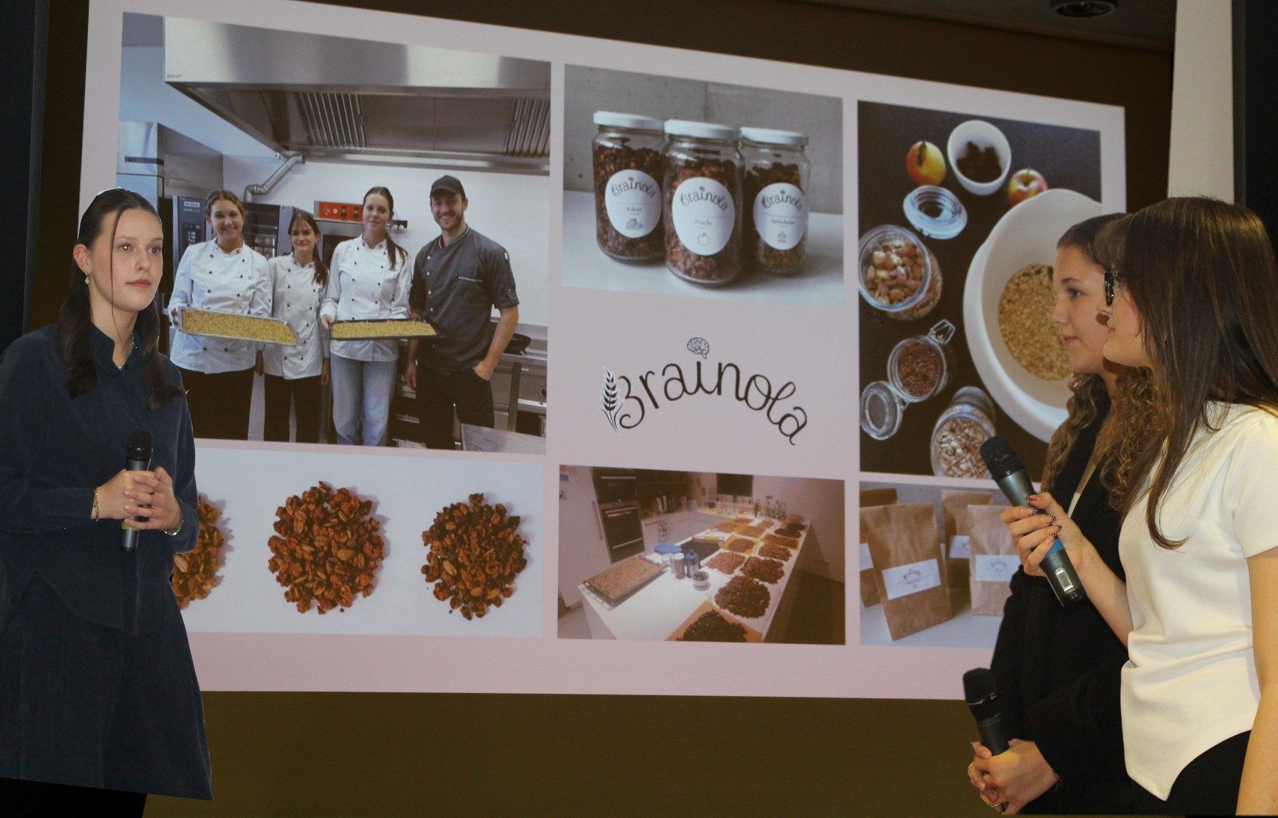 Annika Steurer, Ella Marie Dür und Eva Madlener entwickelten gemeinsam mit den Partnerbetrieben Mühle Rupp und der Schulkantine Cooking Ninja „Brainola – Das Superfood Müsli“.